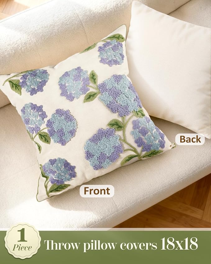 Embroidered Throw Pillow Cover - 18x18 Decorative Pillow Cover with Zipper Aesthetic Cute Design Boho Spring Summer Cozy Throw Pillowcase for Living Room Couch Sofa Bed, Blue Hydrangea