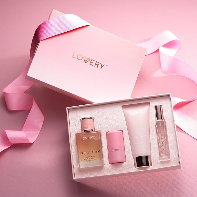 Gift for Women, Floral Dream 4 in 1 Womens Perfume & Deodorant Set - 4pc Pink Eau de Parfum Fragrance Sets - Perfumes for Women Gift Set with Non Toxic Antiperspirant Stick, Body Lotion & Mini Perfume