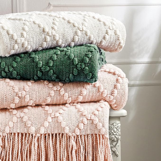 BOURINA Beige Throw Blanket 50 x70 Inch Jacquard Throw Knitted Blanket | Jacquard Argyle Throw Textured Solid Soft Throws and Blankets for Sofa or Bed Knitted Decorative Blanket