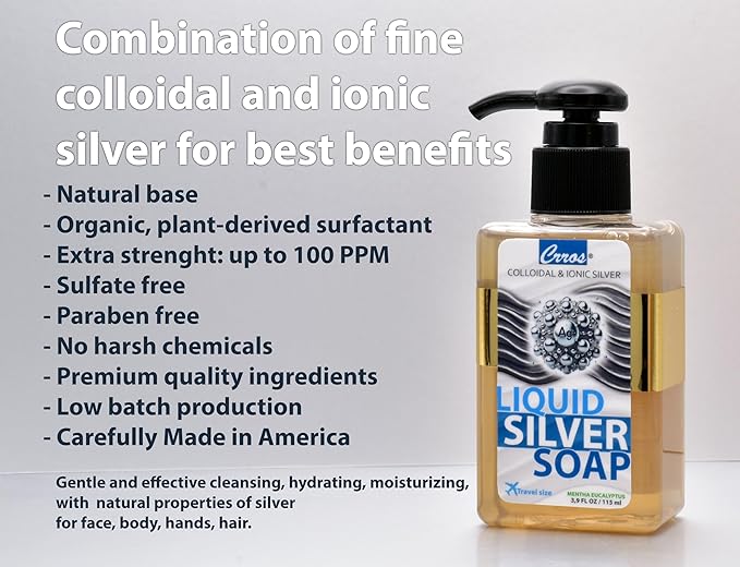colloidal silver soap natural glycerin soap liquid skin cleanser for hands face body wash extra strenght sulfate SLS SLES parabens phthalates free soft fresh scent nanosilver gel with pump