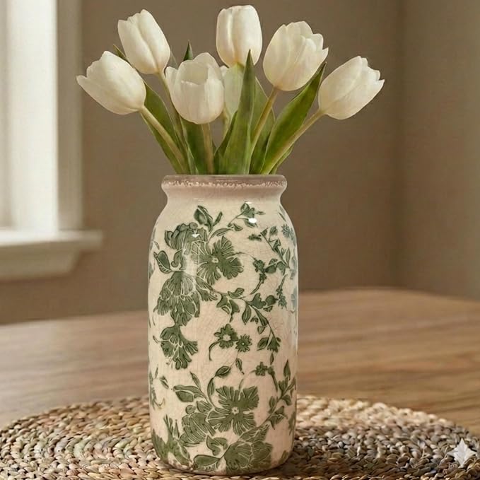 Vintage Green Floral Ceramic Vase, 8 Inch Crackle Glaze Rustic Handmade Vase, Decorative Pottery for Fresh or Dried Flowers, Farmhouse Cottage Modern Rustic Decor