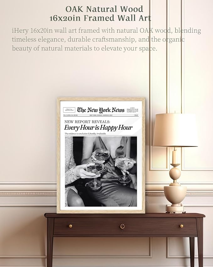 iHery 16x20in Every Hour Is Happy Hour Framed Newspaper Wall Art | Natural OAK Wood Frame with Canvas Print, Retro Editorial Decor for Bedroom, Girl Dorm, Living Room and Gallery Wall, 1Pack