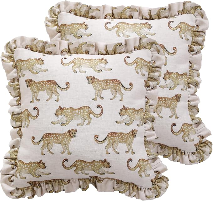 patdrea Designer Vintage Linen Throw Pillow Cover,18"x18",Set of 2-Fromm C | Elegant Decorative Pillow Case with Zipper,Ruffle Leopard Pattern,Pillow Cover for Couch Living Room Bedroom Sofa