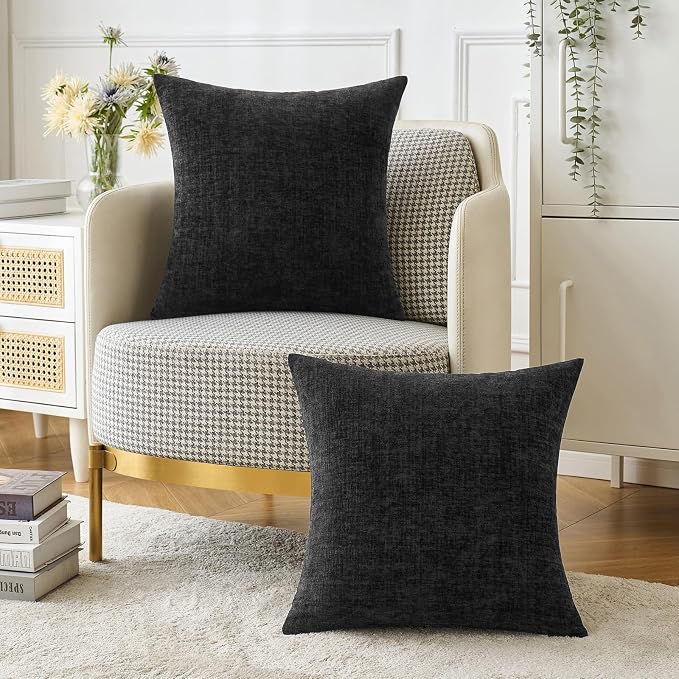 MIULEE Soft Chenille Throw Pillow Covers Black 18x18 Inch Pack of 2 | Modern Home Decor, Classic Decorative Pillows, Solid Dyed Cases, Boho Couch Cushion Covers for Sofa Bed Living Room