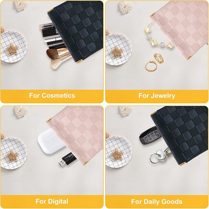 2 PCS Small Makeup Bag for Women, Small Pouches for Purse,Mini Checkered Cosmetic Bag Waterproof Pouch for Travel Storage bag, for Cosmetics Headphones Jewelry Cosmetic Lipstick Coins (Black, Pink)