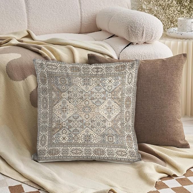 Boho Floral Throw Pillow Covers 16x16 inch Set of 2,Grey Boho Rug Geometric Floral Pattern Decor Double Sided Pattern Cushion Cover Soft Pillow Case Living Sofa Room Bed Square Pillow Cover
