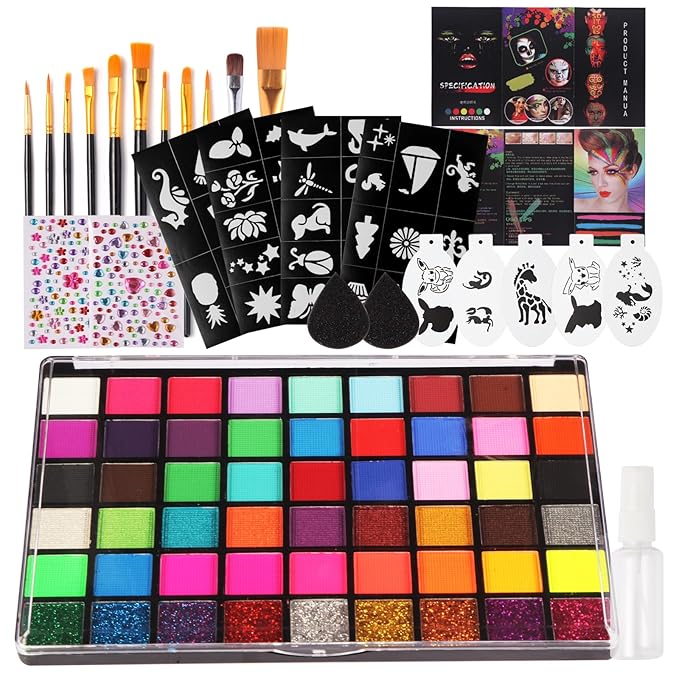 Face Painting Kit for Kids with Book,Stencils,Brushes,Non Toxic Water Activated Face Paint Palette For Halloween,Carnival,Party Costume Makeup Any Creative Activity with Kids(54 Colors)