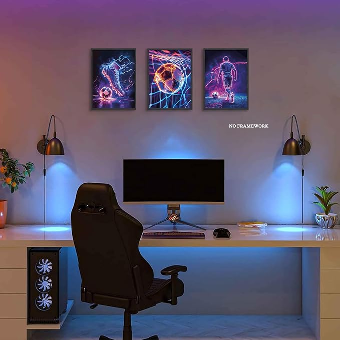 BGFCE Cool Soccer Gaming Wall Art Posters Set of 3, Neon Video Gamer Canvas Pictures, Colorful Soccer Game Painting Prints for Boys Room, Gaming Room Decor for Kids Gamer Room 12x16 inch Unframed