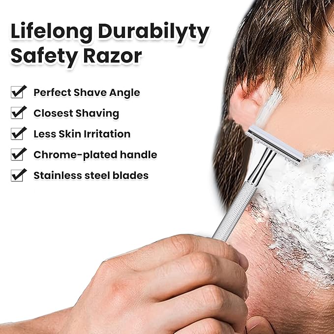 KEROPY Single Blade Safety Razor With 10 Premium Stainless Steel Blades Double Edge Safety Razors For Men, Smooth Wet Shave Experience, Glossy Silver