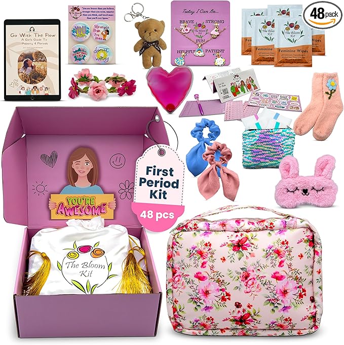 First Period Kit for Girls 9-12 | Puberty Kit for Tween Girls | Period Starter Kit with Pads, Wipes, Heating Pad, E-Book & More | First Period Gift Set for Daughter | 48 Pcs