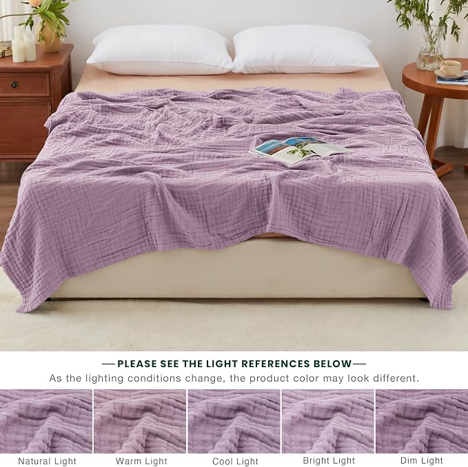 Love's cabin 100% Cotton Muslin Blanket, 6 Layer Lightweight Breathable Gauze Queen Size Blanket 90 x 90 Inches, Soft All Season Blanket for Bed, Lavender