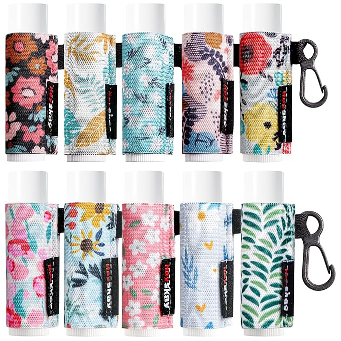 HEYSKAY 10PCS Lip Balm Holder Sleeves Keychain Compact Clip On Lipstick Chapstick Lip Gloss Elastic Sleeves, Floral Patterns