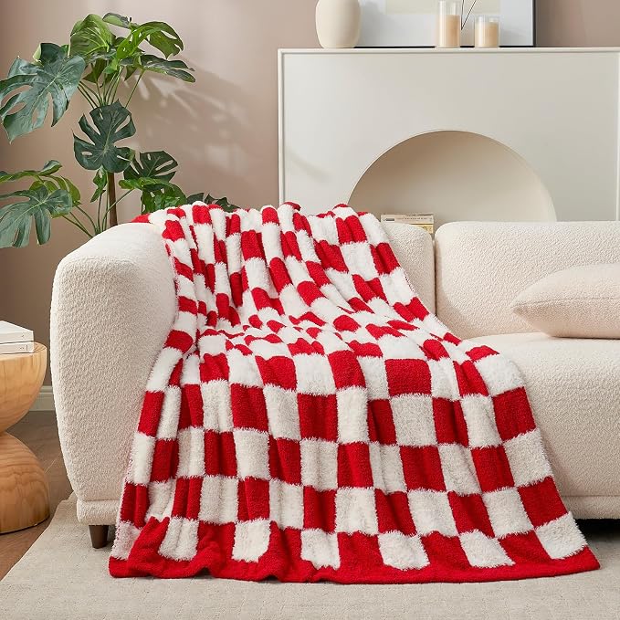 Snuggle Sac Red Checkered Blanket, Fluffy Faux Fur Ultra Soft Warm Microfiber Throw Blankets for Couch, Sofa, Chair, Bed, Red Checker, 50x60 inches