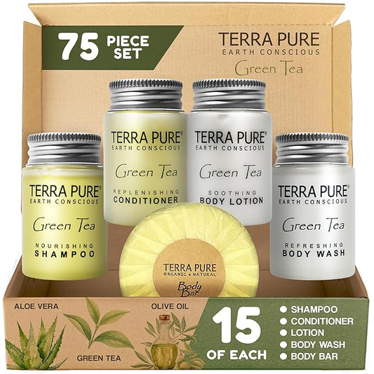 Terra Pure Hotel Soaps and Toiletries Bulk Set | 1-Shoppe All-In-Kit Amenities for Hotels | 1oz Hotel Shampoo & Conditioner, Body Wash, Body Lotion & 1.25oz Bar Soap Travel Size Toiletries | 75 Pieces