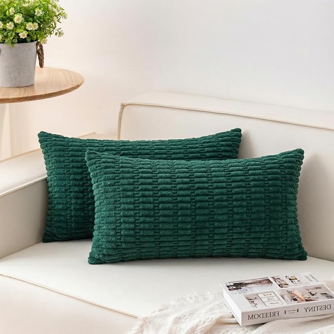Aegero Pack of 2 Corduroy Decorative Throw Pillow Covers 12x24 Inch Soft Striped Pillow Covers Modern Farmhouse Home Decor for Sofa Living Room Couch Bed（Blackish Green）