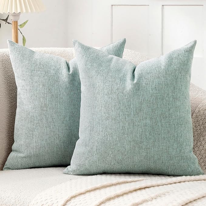 Decorative Throw Pillow Covers Pack of 2 Chenille Cozy Modern Concise Cushion Cases for Bedroom Sofa Couch Home Decoration, Lightcyan+brown Thread, 18 x 18 Inches | Square Soft Cozy Concise Pillow Covers Modern Farmhouse Couch Cushion Cases for Sofa Be...