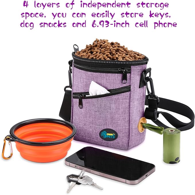 Ownpets Dog Training Pouch with Silicone Liner, Pet Treat Training Pouch with Collapsible Bowl, Shoulder Strap & Waist Strap, 4 Ways to Wear, Walking Fanny Pack for Dog Training - Purple