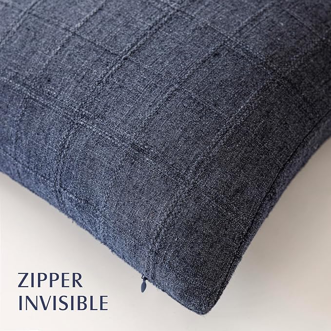 Foindtower Set of 2 Decorative Linen Check Throw Pillow Covers Neutral Farmhouse Vintage Cushion Covers Modern Boho Home Decor for Sofa Chair Couch Bedroom Living Room,26×26 Inch,Navy Blue