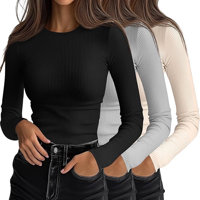 Ficerd 3 Pack Women's Ribbed Long Sleeve Tops, Crew Neck Slim Fit Undershirts Knit Basic Casual Stretch Layering Tee Shirts