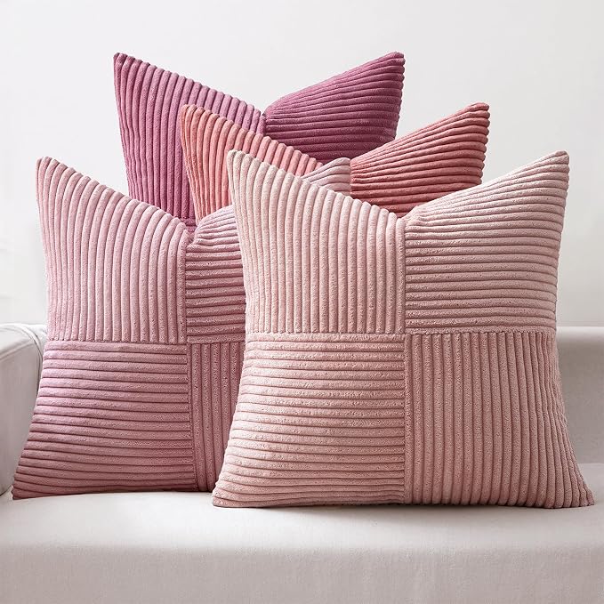 MIULEE Pink Spring Throw Pillow Covers 20x20 Inch Set of 4 Boho Farmhouse Cushion Cases Decorative Gradient Pillow Cases Corduroy Striped Home Decor for Couch Sofa Living Room Bed Valentine Decor