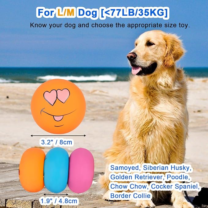 Dog Squeaky Toys Fun Facial Expression Latex Squeaky Dog Balls Large Size Chewing Rubber Soft Interactive Fetch Play Balls for Big Dogs (3 PCS)