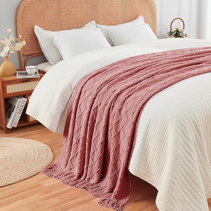 inhand Coral Pink Knitted Throw Blanket for Couch and Bed, 60"x80" | Gifts for Mom from Daughter Son, Soft Lightweight with Tassel, Farmhouse Warm Decorative Blanket for Women, Cozy Knit