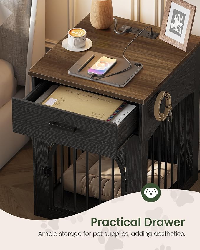 CHOEZON Dog Crate Furniture, Wooden Dog Kennel with Charging Station and Storage Drawer, Indoor Pet Crate End Table for Small Breeds,Dog Cage for Living Room, Bedroom, Black and Walnut MGW01UBL