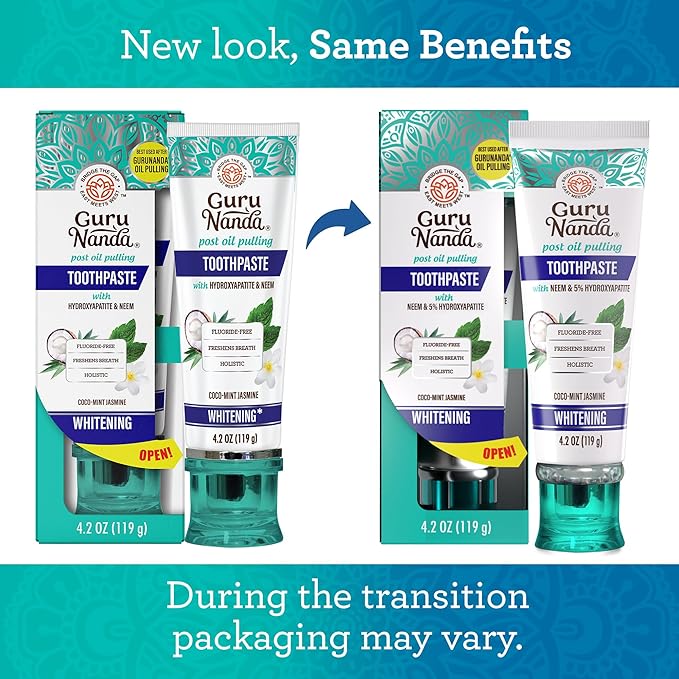 GuruNanda Hydroxyapatite Toothpaste, SLS & Fluoride Free, Whitening Toothpaste with Tongue Scraper & Squeezer - Freshens Breath, Fights Plaque - Natural CocoMint Jasmine Neem, 4.2oz