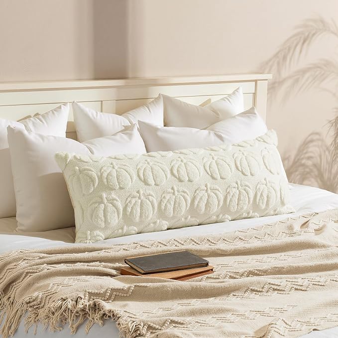 MIULEE Fall Pillow Cover Pumpkin Fall Decor Lumbar 14x36 Cream White | Set of 2 Fall Decorations for Home, Plush Faux Fur Farmhouse Accent Pillowcase, Porch Sofa Couch Cushion Bed Livingroom