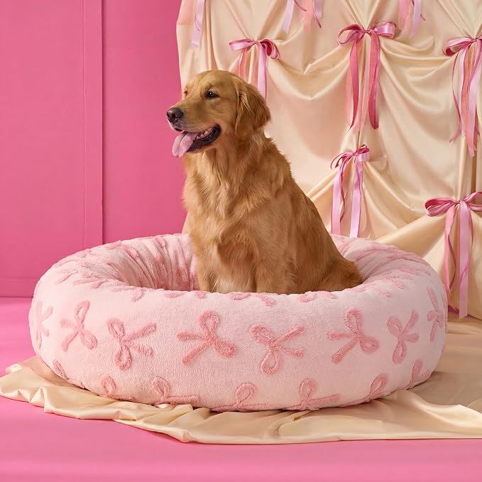 Lesure Shown on TV Jacquard Donut Dog Beds Extra Large,Pink Taffy 42x42x9in | XL Orthopedic Calming Pet Bed Sofa, Original Design Pattern,Washable Cover, Home Decor as Gift for Pet,Anti Slip Bottom