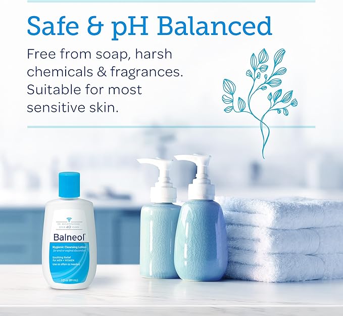 Balneol Hygienic Cleansing Lotion for Women and Men, Soothing Relief to Help With Pain Relief, Itch Relief, and Discomfort for Sensitive Areas, Made in USA, 3 oz