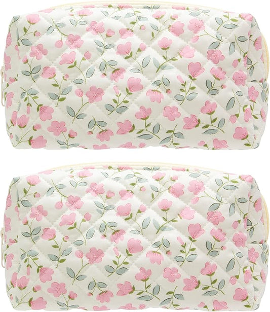 PAZIMIIK Small Quilted Makeup Bag,Zipper Cosmetic Pouch,Floral Pink,2 Pack | Lightweight Cosmetic Bag Organizer for Women,Purse Storage Holds Makeup,Toiletries,Skincare,Beauty Essentials,Travel Items