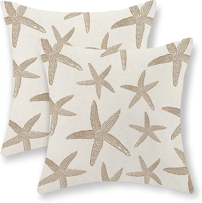 Brown Starfish Pillow Covers 18x18 Set of 2 Coastal Throw Pillows Spring Summer Nautical Ocean Theme Beach Decorative Pillow Cases Farmhouse Outdoor Decor Linen Cushion Case for Couch Sofa