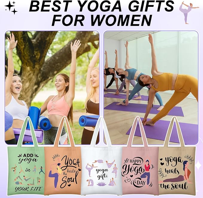 Hsei 12 Pcs Yoga Lover Gift Women Canvas Aesthetic Tote Bag Accessories Organizer Pilates Instructor Gift Yoga Teacher Grocery Bag Reusable Grocery Storage for Teachers Yogis Pilates Workout
