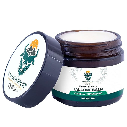 Dr. Dave's Primal Essence Grass Fed Beef Tallow Balm for Face and Body with Shea Butter, Organic Jojoba Oil, Honey, and Beeswax – Beef Tallow for Skin – Vanilla and Spearmint – 2 oz