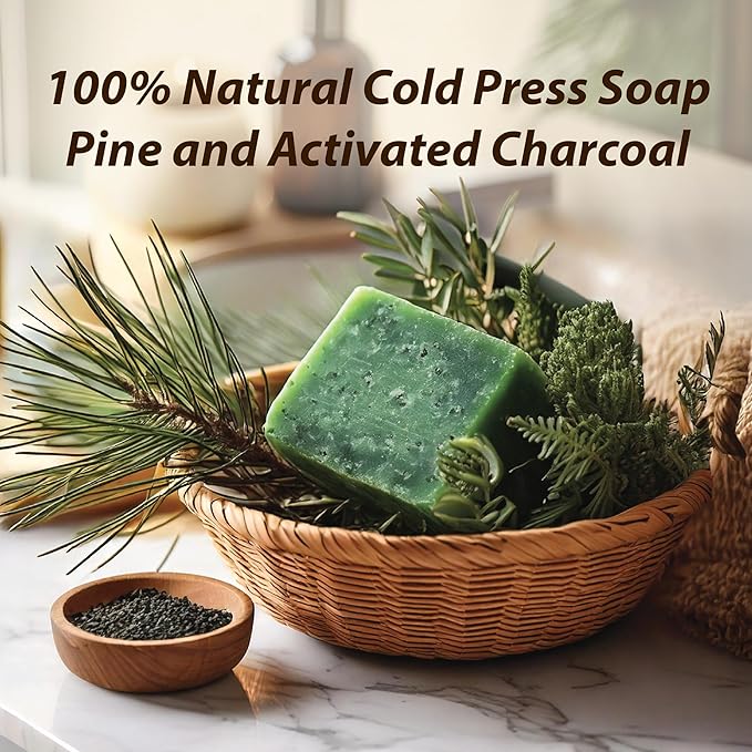 Natural Handmade Cold Press Bar Soap – Pine and Activated Charcoal - Aloe Vera and Vegetable Collagen – Soft exfoliating Formula - 3 Pack