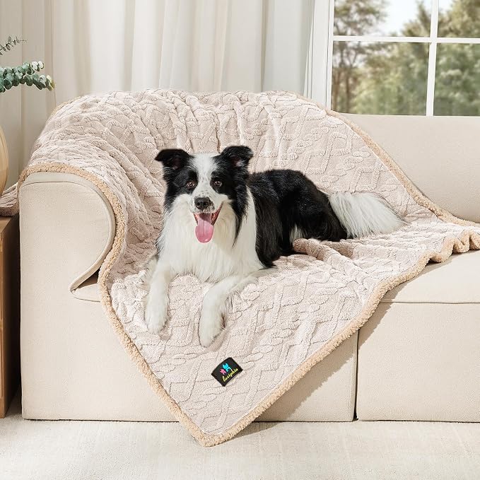 Luciphia Waterproof Dog Blanket, Reversible Sherpa Fleece for Couch Cover | Reversible waterproof pet blanket with soft Sherpa fleece machine washable protect couch bed car, Beige-thicken 65" x 57"