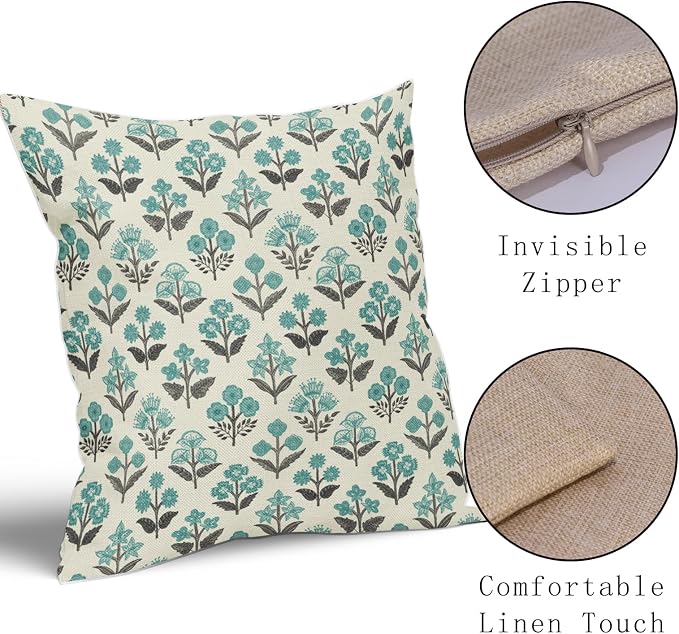 Black Teal Floral Pillow Covers 18x18 Inch Set of 2, Spring Summer Vintage Flower Block Print Pattern Decorative Throw Pillowcases Outdoor Boho Farmhouse Cushion Covers Seasonal Sofa Couch Bed Decor
