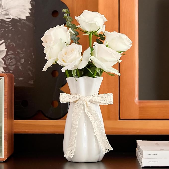 White Ceramic Flower Vase, 8 in Modern Decorative Vases for Home Decor | Minimalism Boho Vases for Centerpieces, Unique Vase for Famhouse Table Bedroom Living Room Office Wedding Farmhouse Decor