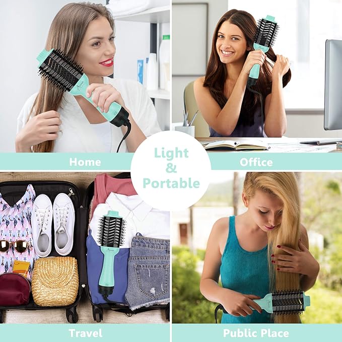 Aima Beauty One-Step Volumizer Hair Dryer Brush, 4-in-1 Upgrade Hot Air Brush for Less Frizz, More Shine, Oval Brush for Blowout, Light Green