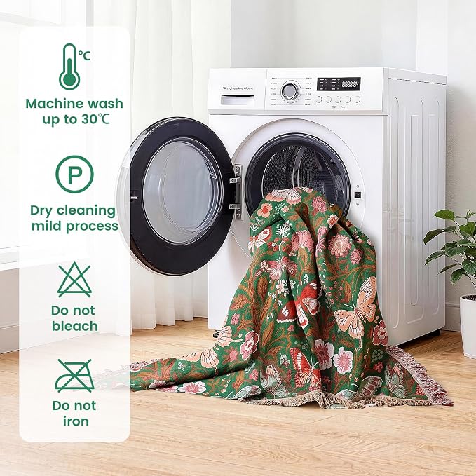 MSGKV Boho Throw Blanket 50"x60" Summer Cotton Butterfly Floral Blanket | 100% Cotton Muslin, Butterfly Throw Blanket, Reversible Jacquard Weave, Soft & Breathable, Machine Washable
