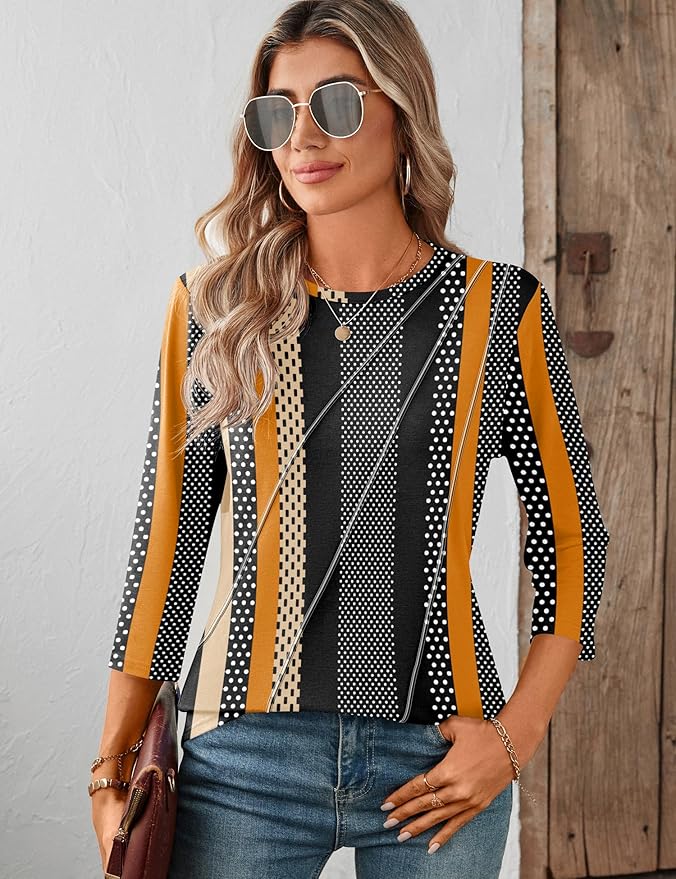 LOMON 3/4 Length Sleeve Womens Tops Spring Summer Fashion 2026 Tops Crew Neck Pleated Shirts Tunic Top Loose Fit