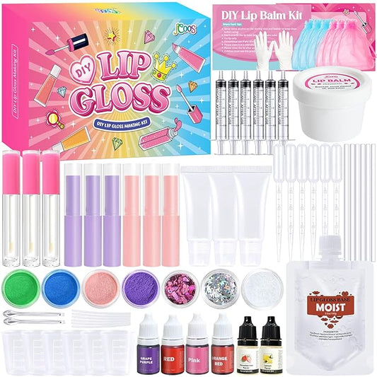 JCOOS Lip Gloss Making Kit and Lip Balm Making Kit, Make Your Own Lip Gloss Kit, Lip Balm Kit, Lipgloss Tubes, Moisturizing Base, Glitter, Kids Makeup Lipgloss Sets for Girls, Fun Stuff for Teens Gift