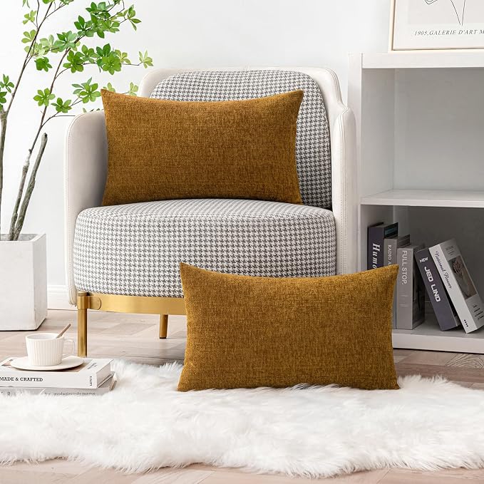 MIULEE Soft Chenille Lumbar Throw Pillow Covers Mustard 12x20 Pack of 2 | Modern Home Decor, Classic Decorative Pillows, Solid Dyed Cases, Boho Couch Cushion Covers for Sofa Bed Living Room