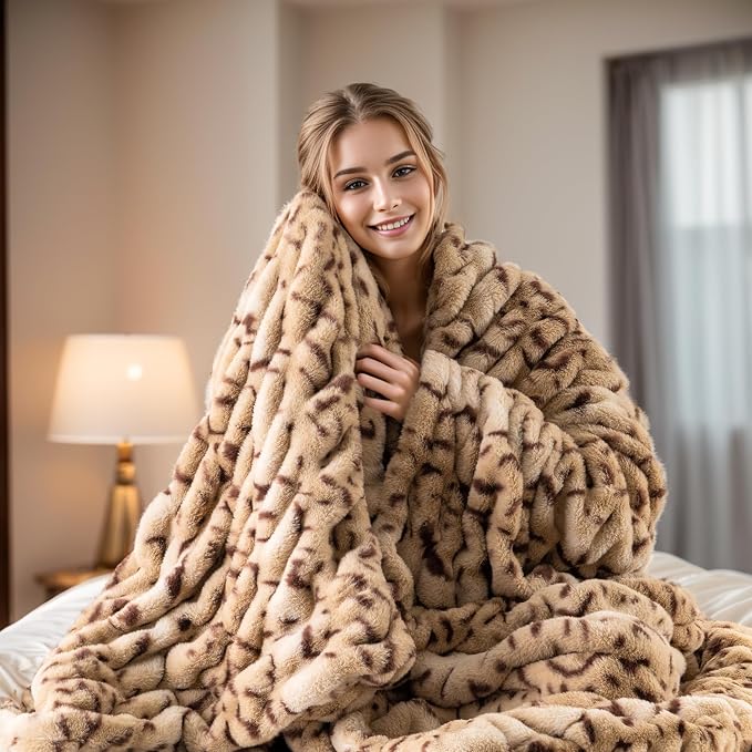 BATTILO Faux Fur Throw Blanket for Couch, 60"x80", Double Side | Cozy Mink Plush Soft Bubble Blanket, Leopard Print Faux Fur Blanket For Bed, Sofa, Living Room