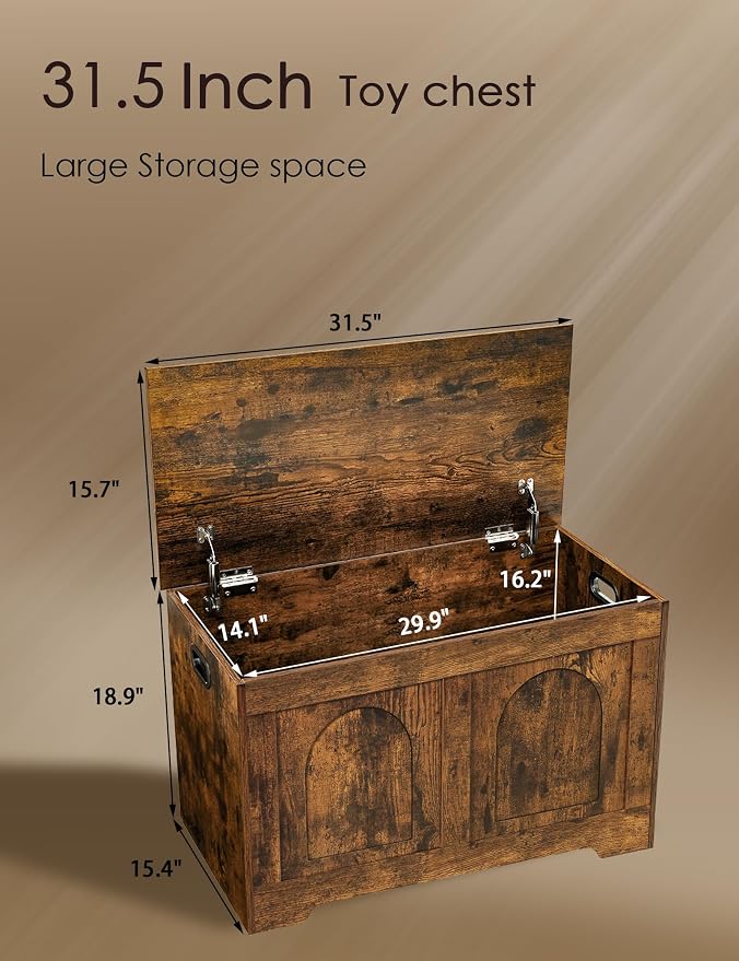 Storage Chest, Wooden Toy Box, Rustic Brown 31.5" L | Entryway Shoe Bench, 2 Soft-close Hinges, Finger-safe Flip-Top Lid, Easy Assembly, Farmhouse Large Trunk, Living Room/Bedroom