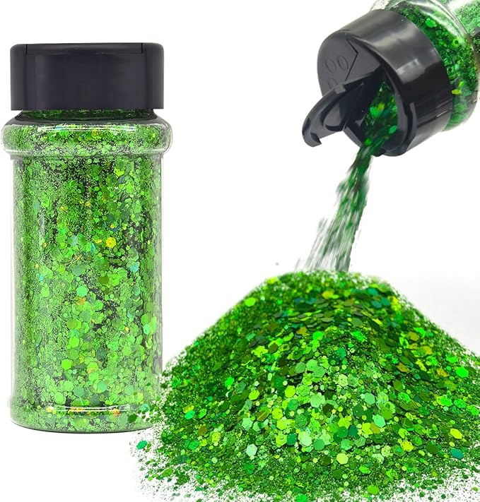 Green - Craft Glitter - 2oz Glitter Shaker Bright Colorful Holographic Mix Chunky Body Glitter Bulk Wholesale 24 Colors in Shaker Cosmetic Glitter - EBLB600