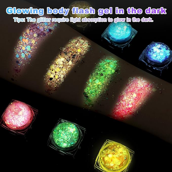 6 Colors Glow in The Dark Glitter Gel for Face Body and Hair, UV Black Light Makeup Glitter Gel for Raves Festivals Party Halloween (Type 1)