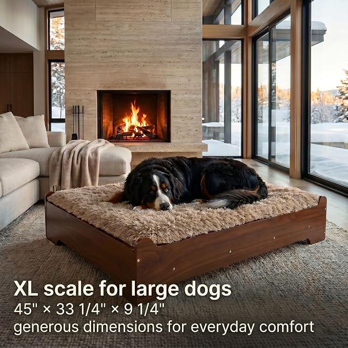 Elevated Wood Dog Bed Frame with Foam Mattress, WalnutPattern, XL | Raised Dog Bed with Washable Cover, Furniture-Style Design for Indoor Living