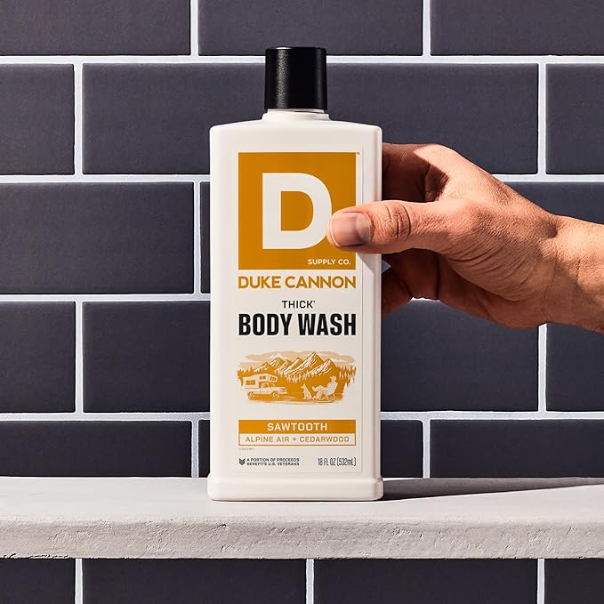 Duke Cannon Supply Co. Mens THICK Body Wash - Free of Sulfate, Paraben, & Phthalates Leaving Skin Soft and Hydrated - High Viscosity Odor Protection - Long Lasting Freshness - Sawtooth (18oz)